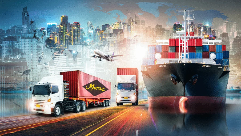 Transport et logistique export — camions frigorifiques, avion et navire porte-conteneurs